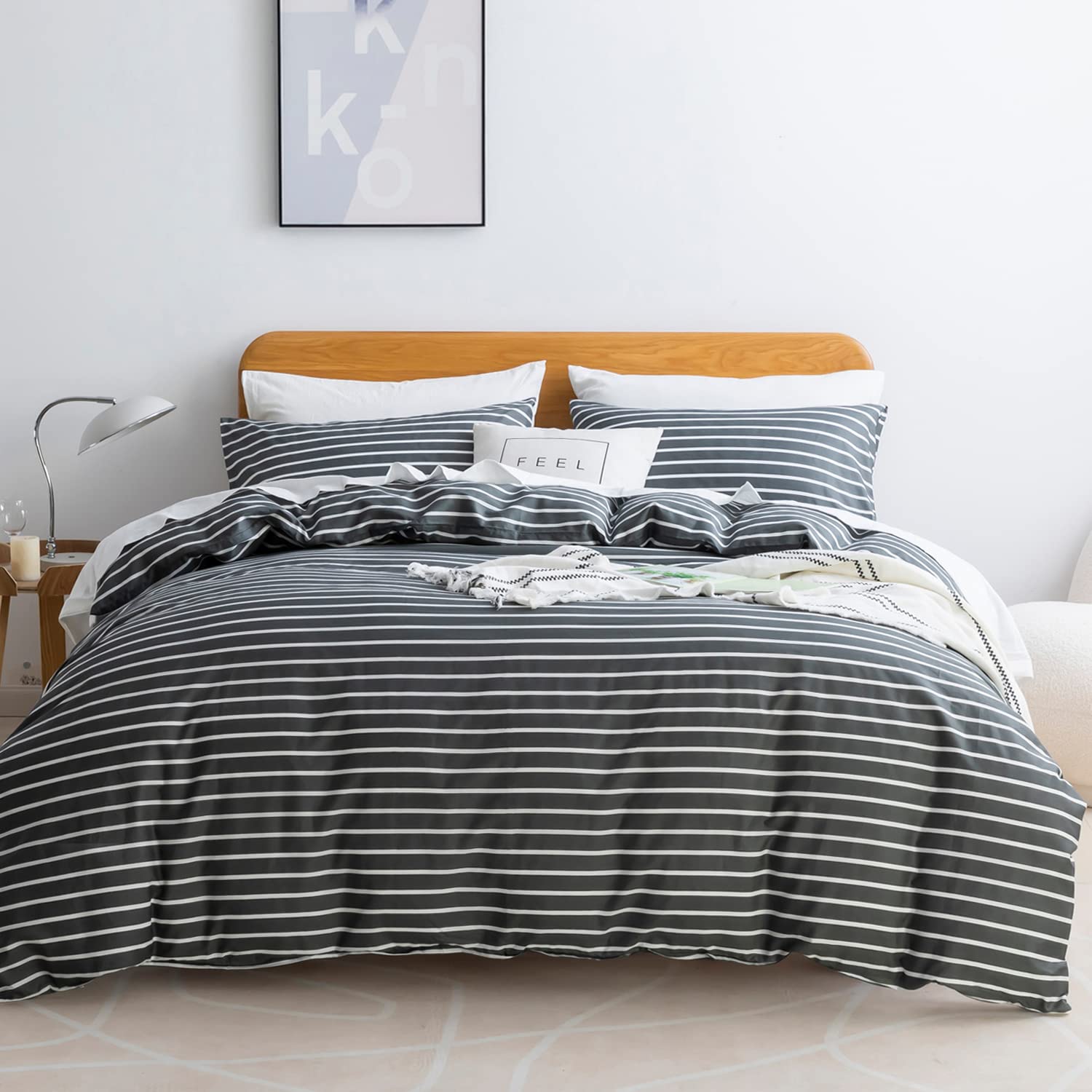 Jellymoni 100% Natural Cotton 3Pcs Striped Duvet Cover Sets, Dark Grey Duvet Cover With White Stripes Pattern Printed Comforter