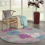 HomeRoots Grey 100% Polypropylene 5’ Round Gray and Pink Tropical Flower Area Rug