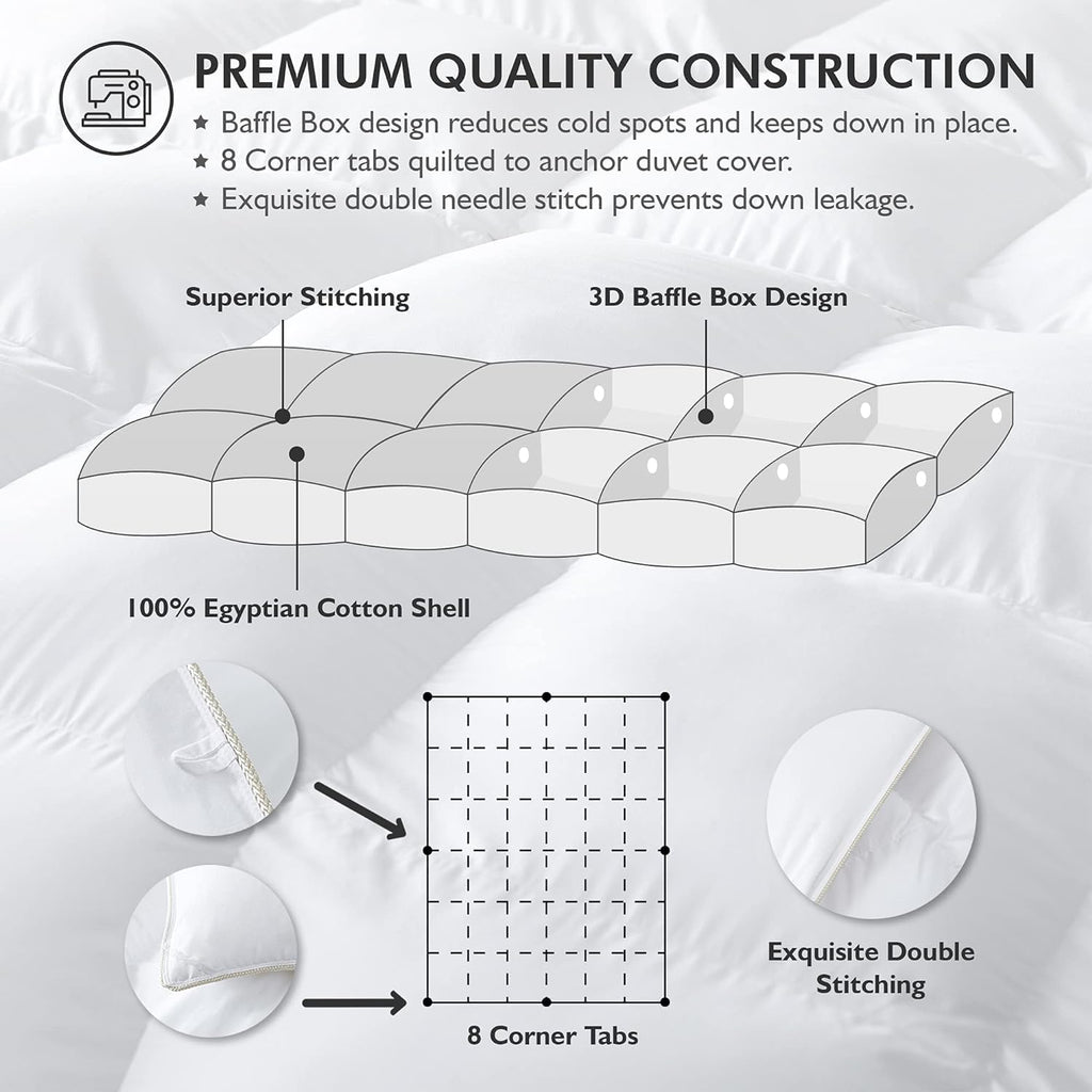 EGYPTIAN BEDDING Super King Comforter 120" x 120" Goose Down Fiber 100% Egyptian Cotton White Baffle Box