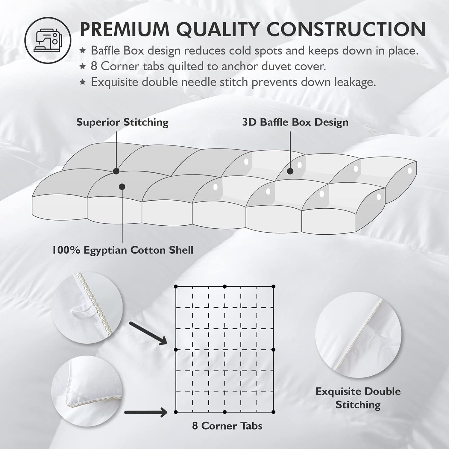 EGYPTIAN BEDDING Super King Comforter 120" x 120" Goose Down Fiber 100% Egyptian Cotton White Baffle Box