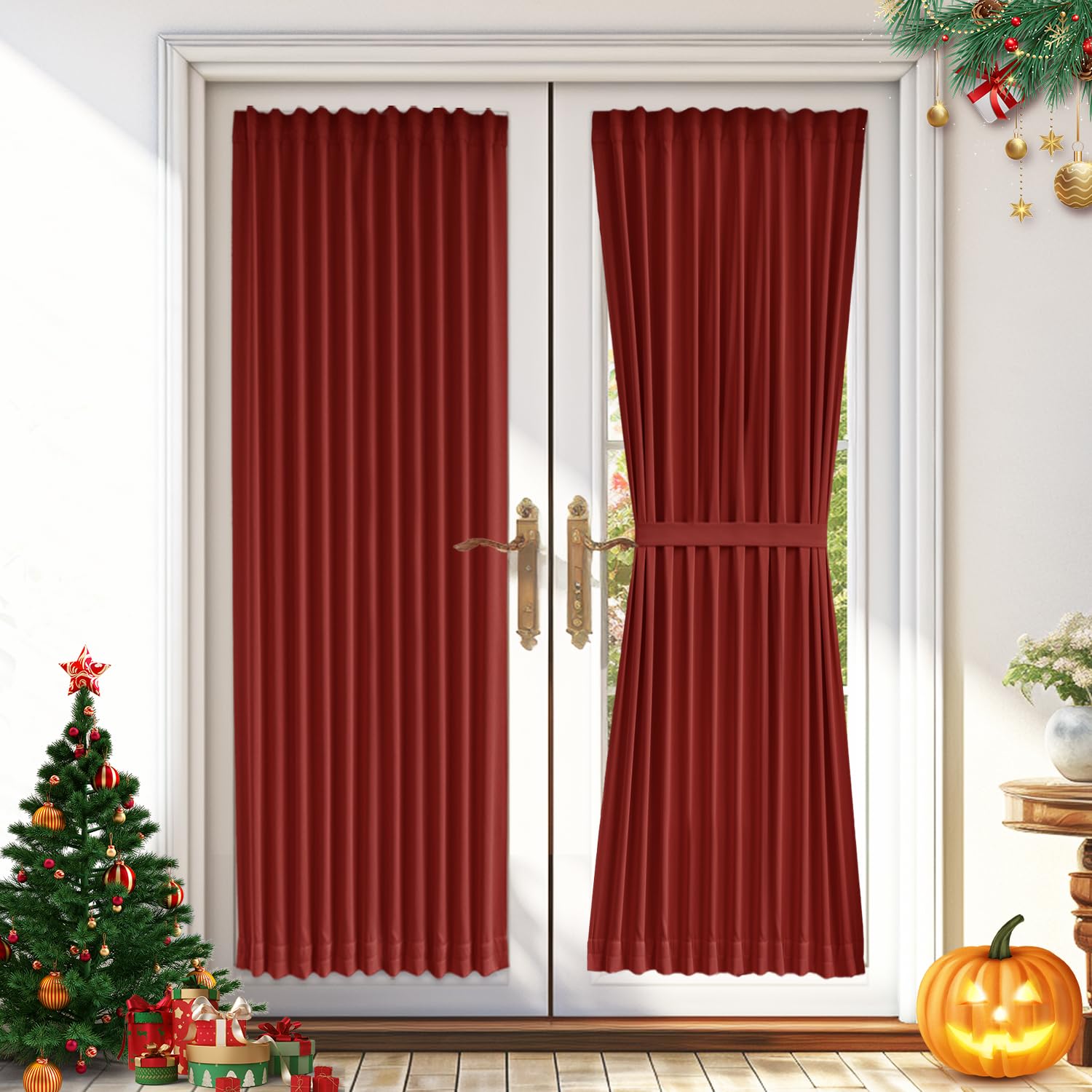 Vatge Christmas Red Door Curtains For Doorways - French Door Curtain Panel With Tieback For Front Door, 1 Panel, W54 X L72, Red