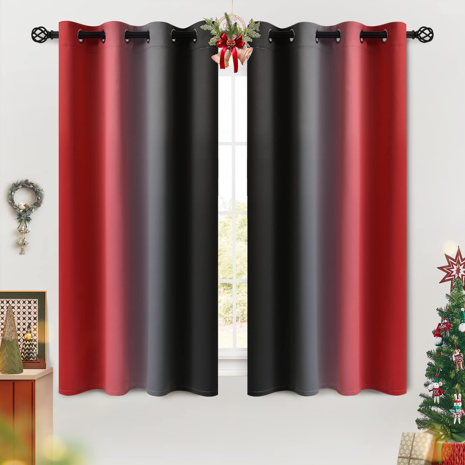 Cosviya Grommet Ombre Room Darkening Curtains 54 Inches Length For Kids Bedroom,Polyester Light Blocking Red And Black Gradient