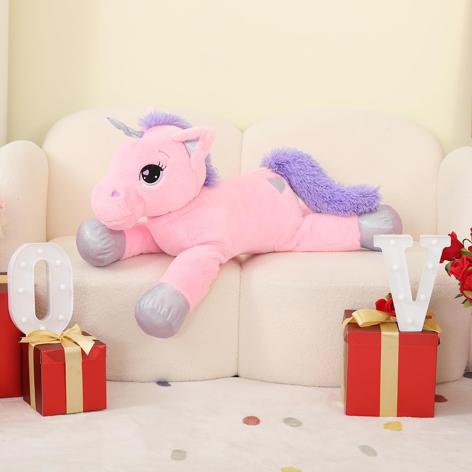 Lanmore 24' Big Unicorn Stuffed Animal, Giant Animal Plush Pillow Unicorn Body Hugging Pillow For Girls, Gift For Christmas Bir