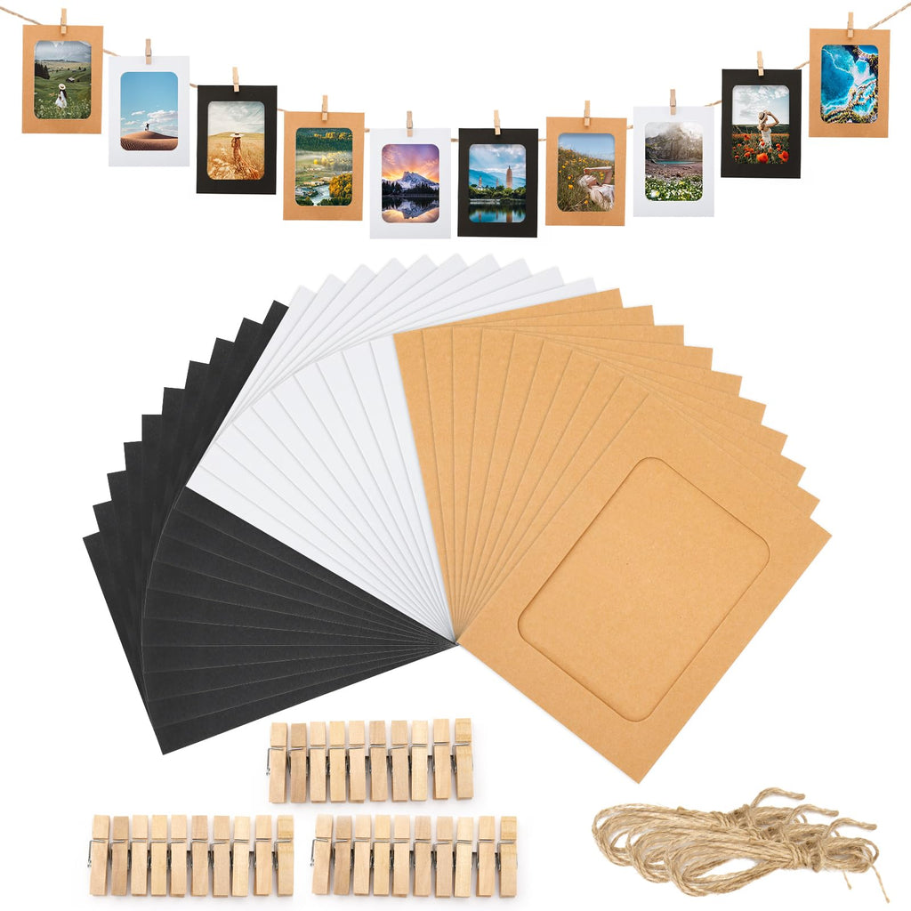 Anwyll Paper Picture Frames 4''x6'',30 Pcs Paper Photo Frames,Cardboard Picture Frames with Wooden Clips and Strings DIY Clip Ph