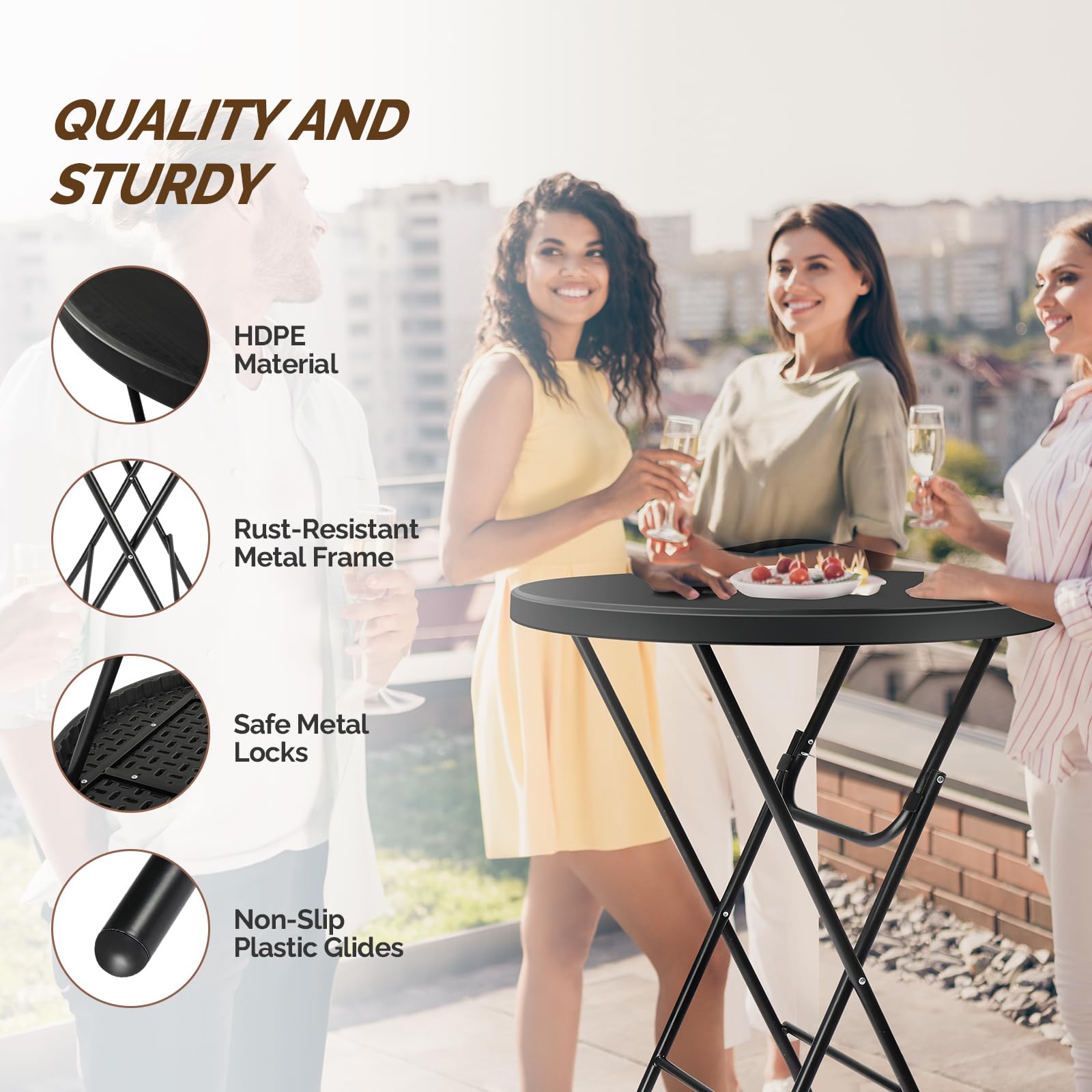 Vingli 32' Plastic Folding Round Table Bar Height, Hdpe Matrial With Gray Metal Finish, High Top Table For Outdoor Party, Cafes, Restaurants, Backyard, Dining Room, Wedding Event,1 Pack, Black
