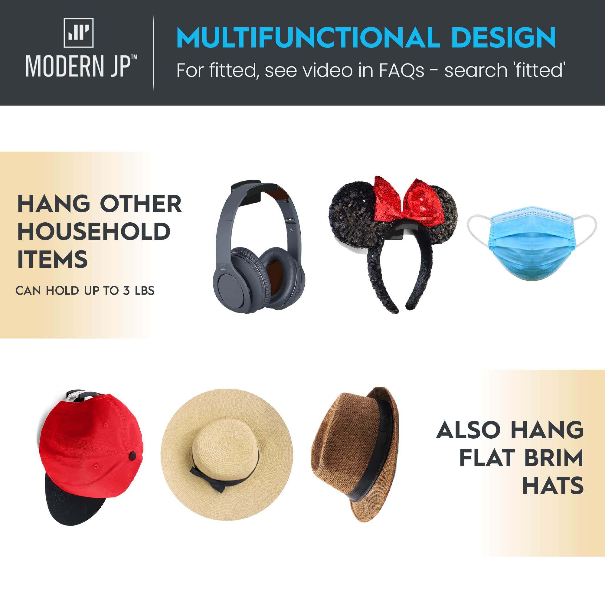 Modern Jp Adhesive Hat Hooks For Wall (8-Pack) - Minimalist Hat Rack Design, No Drilling, Strong Hold Hat Hangers - Usa Patented