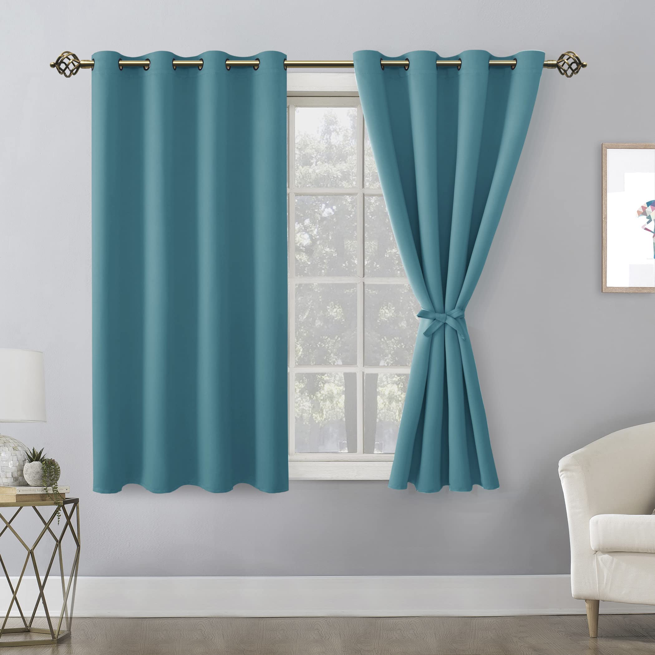 Hiasan Blackout Curtains For Bedroom - Thermal Insulated & Light Blocking Window Curtains For Living Room/Kids Room, 2 Drape Panels Sewn With Tiebacks, Turquoise, 52 X 45 Inch