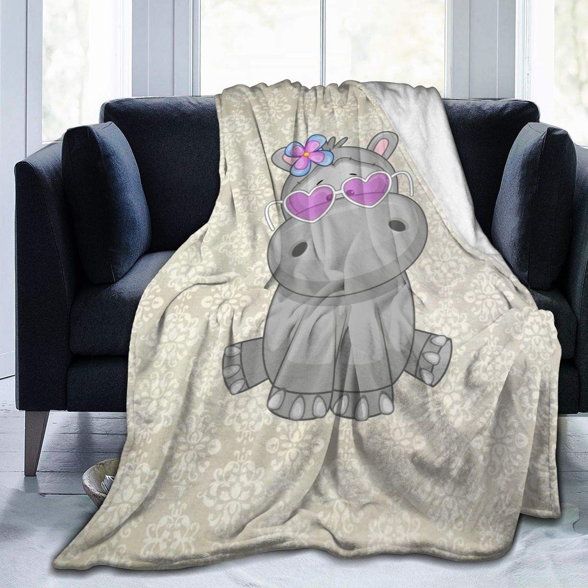 Hippo With Heart Glasses Ultra Soft Flannel Fleece All Season Light Weight Living Room/Bedroom Warm Blanket