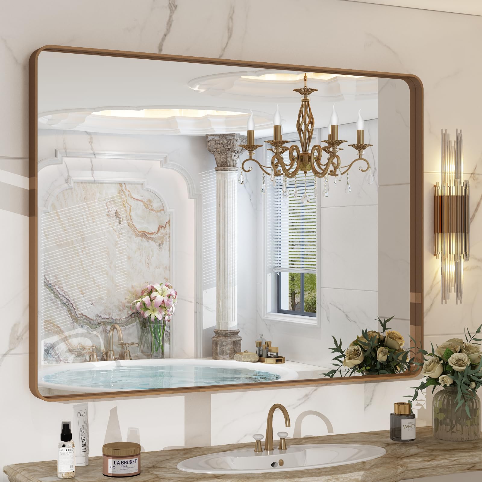 CHARMOR 44x36 Gold Framed Mirror for Bathroom, Brushed Gold Brass Bathroom Mirror, Rectangle Gold Bathroom Vanity Mirror for Wal
