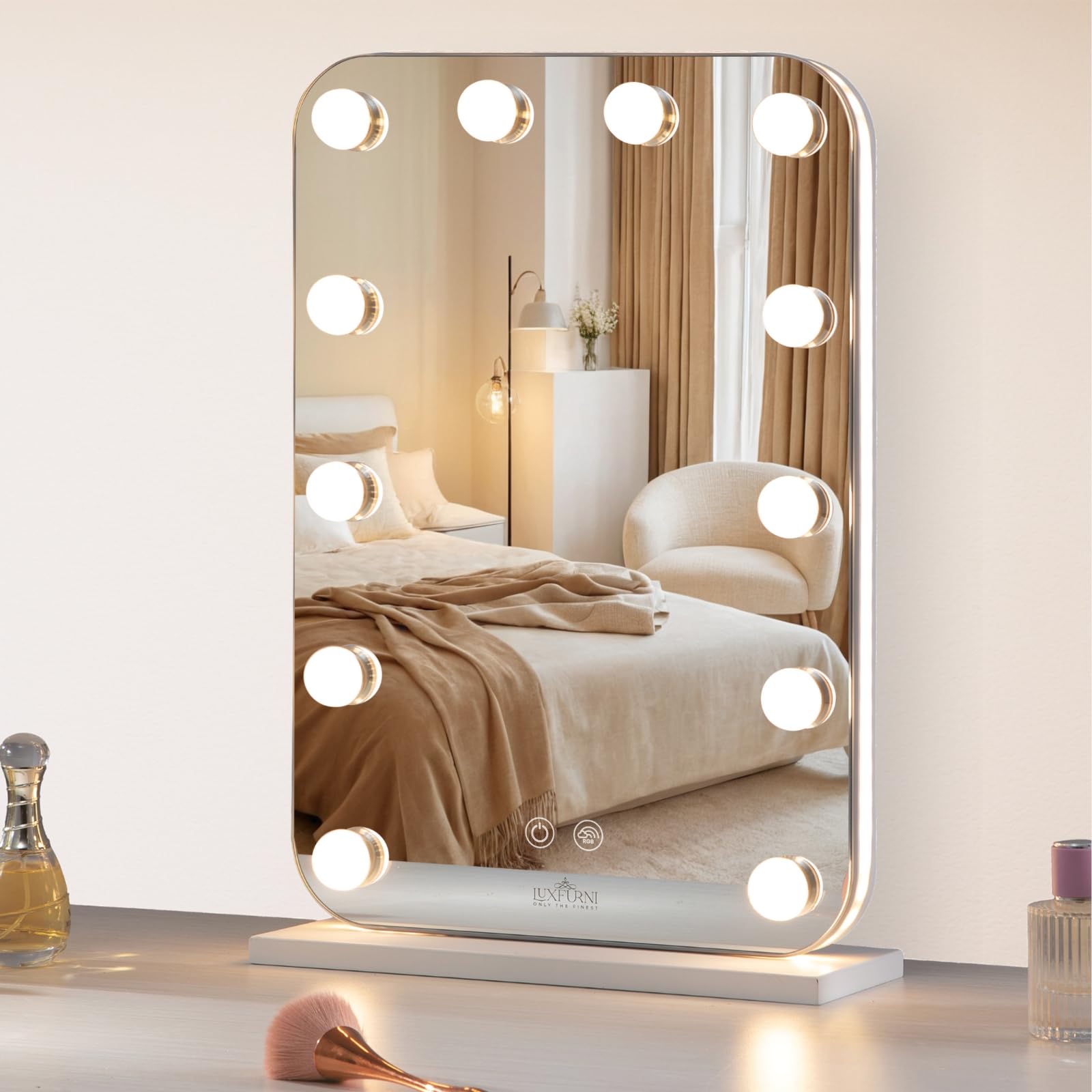 Luxfurni Vanity Mirror With Lights, Lighted Makeup Mirror With 14 Dimmable Bulbs, Tabletop Rgb Color Changing Led Mirror, 3 Colo