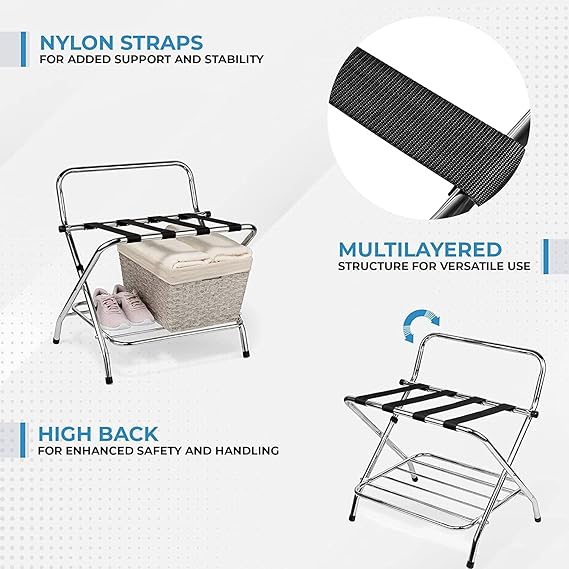 2-Shelf Foldable Luggage Rack with Nylon Straps, High-Back Support, Chrome Finish