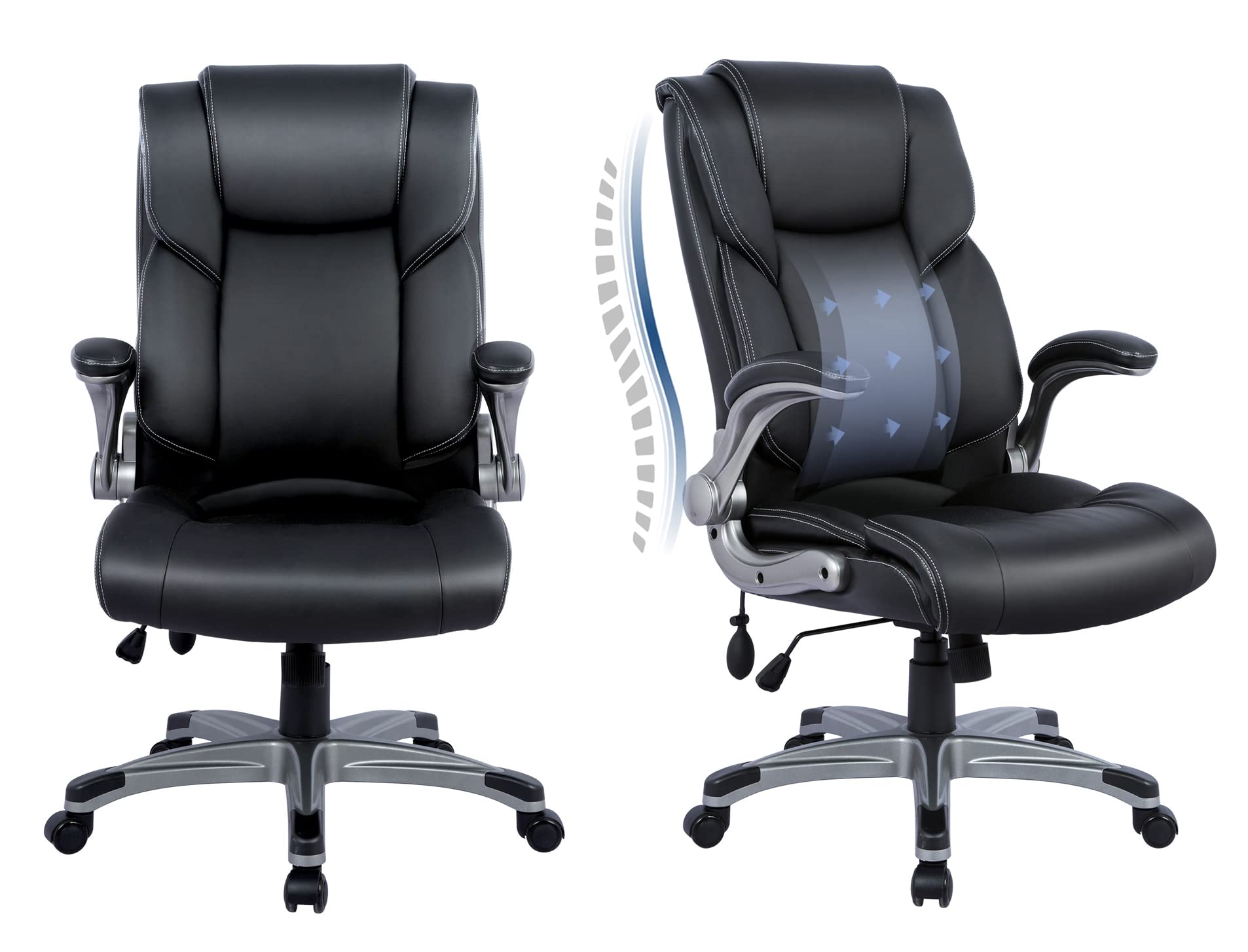 Colamy Leather Executive Office Chair- High Back Home Computer Desk Chair With Padded Flip-Up Arms, Adjustable Tilt Lock, Swivel Rolling Ergonomic Chair For Adult Working Study-Black, Set Of 2