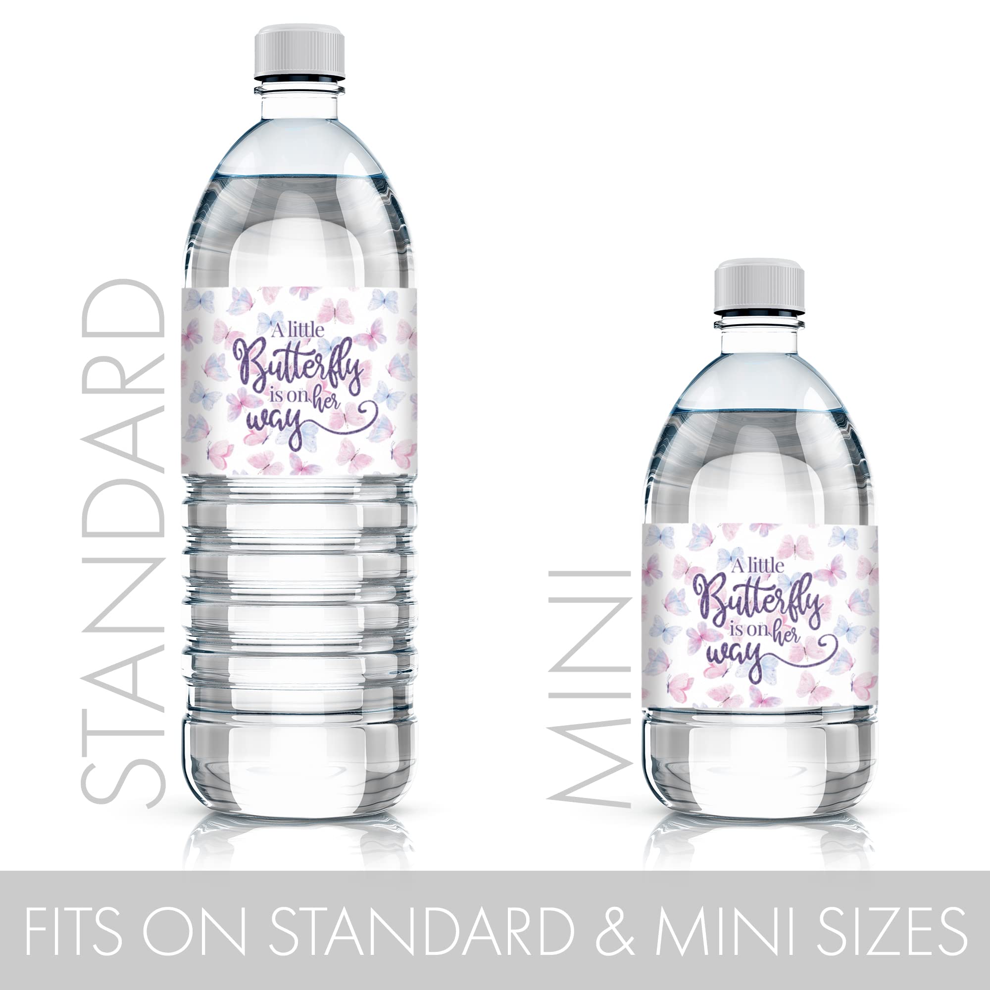 Butterfly Girl Baby Shower Water Bottle Labels - A Little Butterfly Is On Her Way - It'S A Girl Pink And Purple Waterproof Wrapp