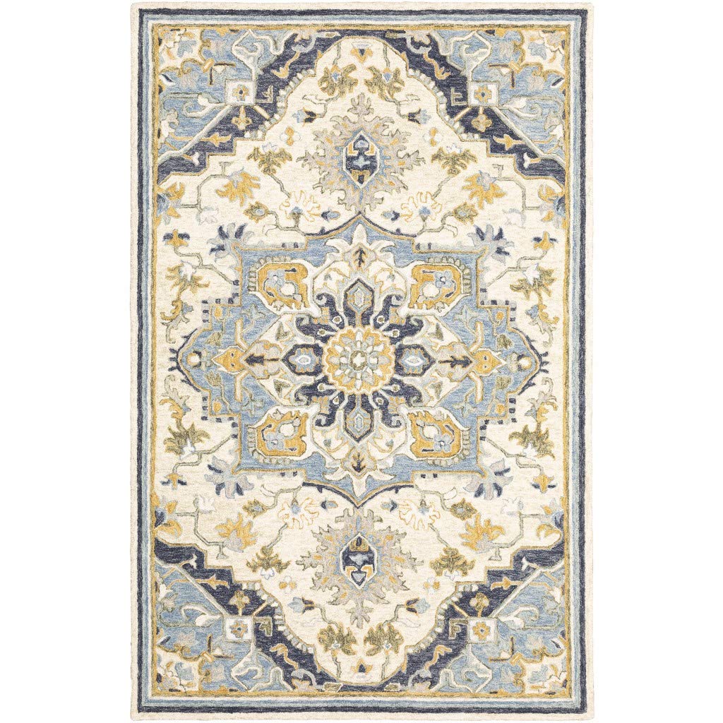 HomeRoots Wool 4'x6' Blue and Ivory Bohemian Rug