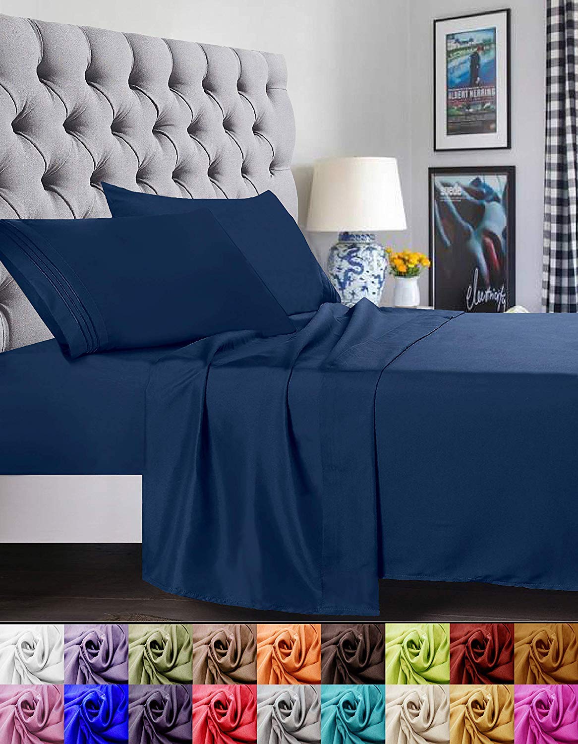 Elegant Comfort 1500 Premier Luxury Hotel Quality Super Soft Wrinkle Free And Fade Resistant 4-Piece Bed Sheet Set, Queen Navy