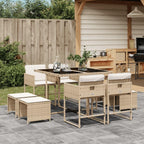 vidaXL 9 Piece Patio Dining Set - 4 Garden Chairs, 4 Stools, Tempered Glass Table - Cushioned Beige PE Rattan Furniture for Outdoor, Garden, Backyard, Patio - Compact, Weather-Resistant, Washab...