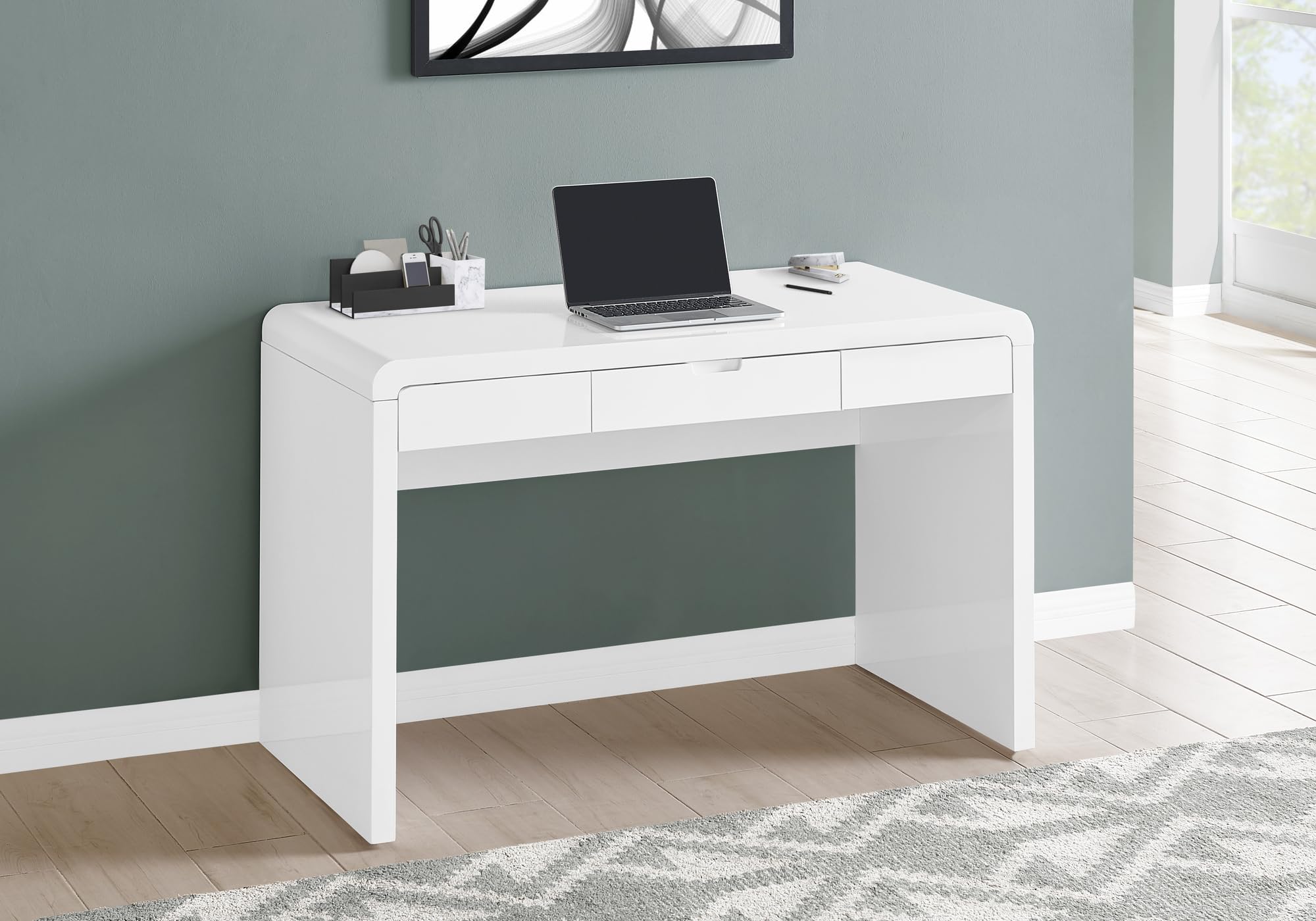 Monarch Specialties I 7580 Computer Desk, Home Office, Laptop, Storage Drawers, 48' L, Work, Laminate, Glossy White, Contemporary, Modern
