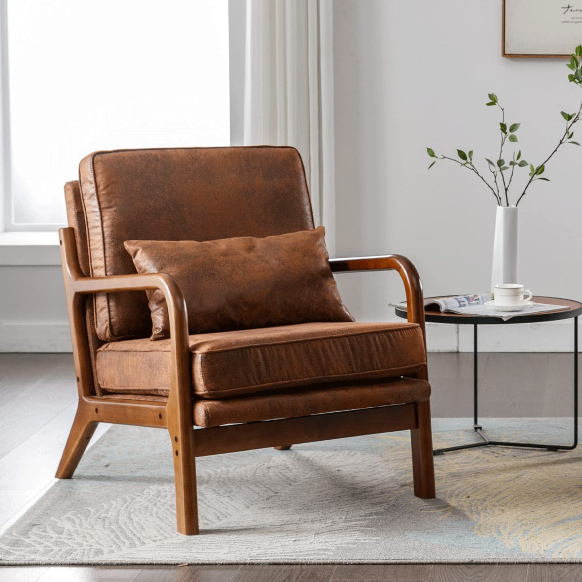 Mid Century Modern Brown Accent Chair Living Room- Comfy Solid Wood Arm Chair With Lumber Pillow Lounge Decorative Microfiber Le