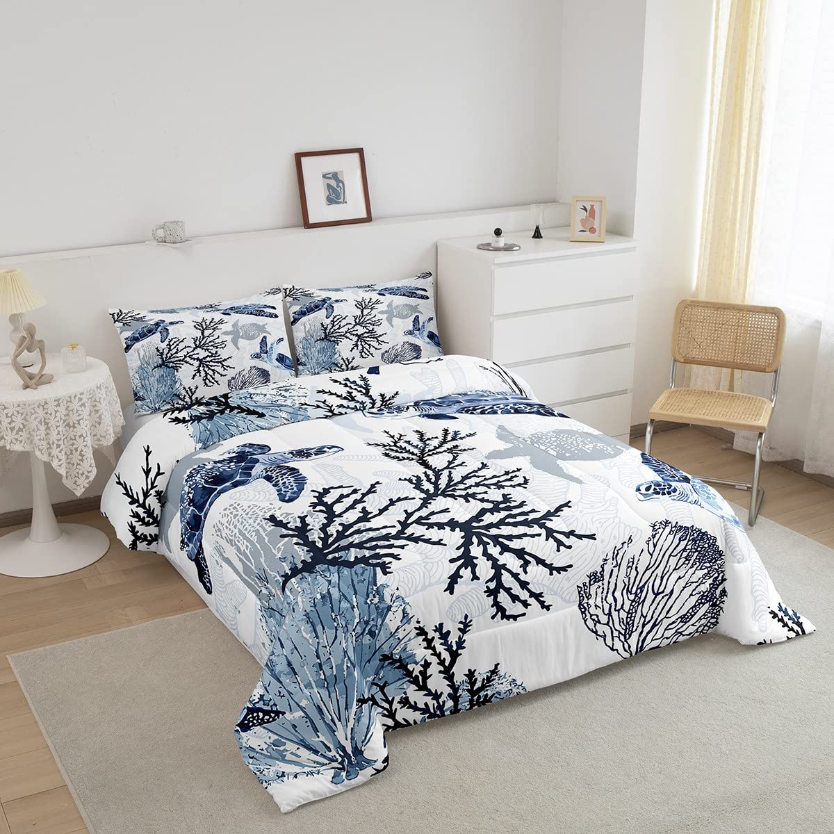 Turtle Comforter Set Queen,White Blue Hawaiian Turtle Bedding For Kids,Reptile Tortoise Quilt Duvet Set Coastal Beach Theme Comf