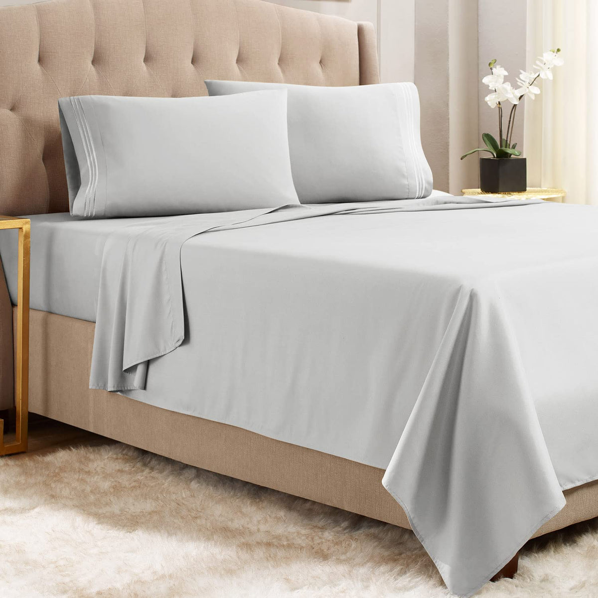 Empyrean King Size Sheets - 4 Pc Super Soft King Sheets - Double Brushed Microfiber Sheets For King Size Bed - Hotel Luxury Silv