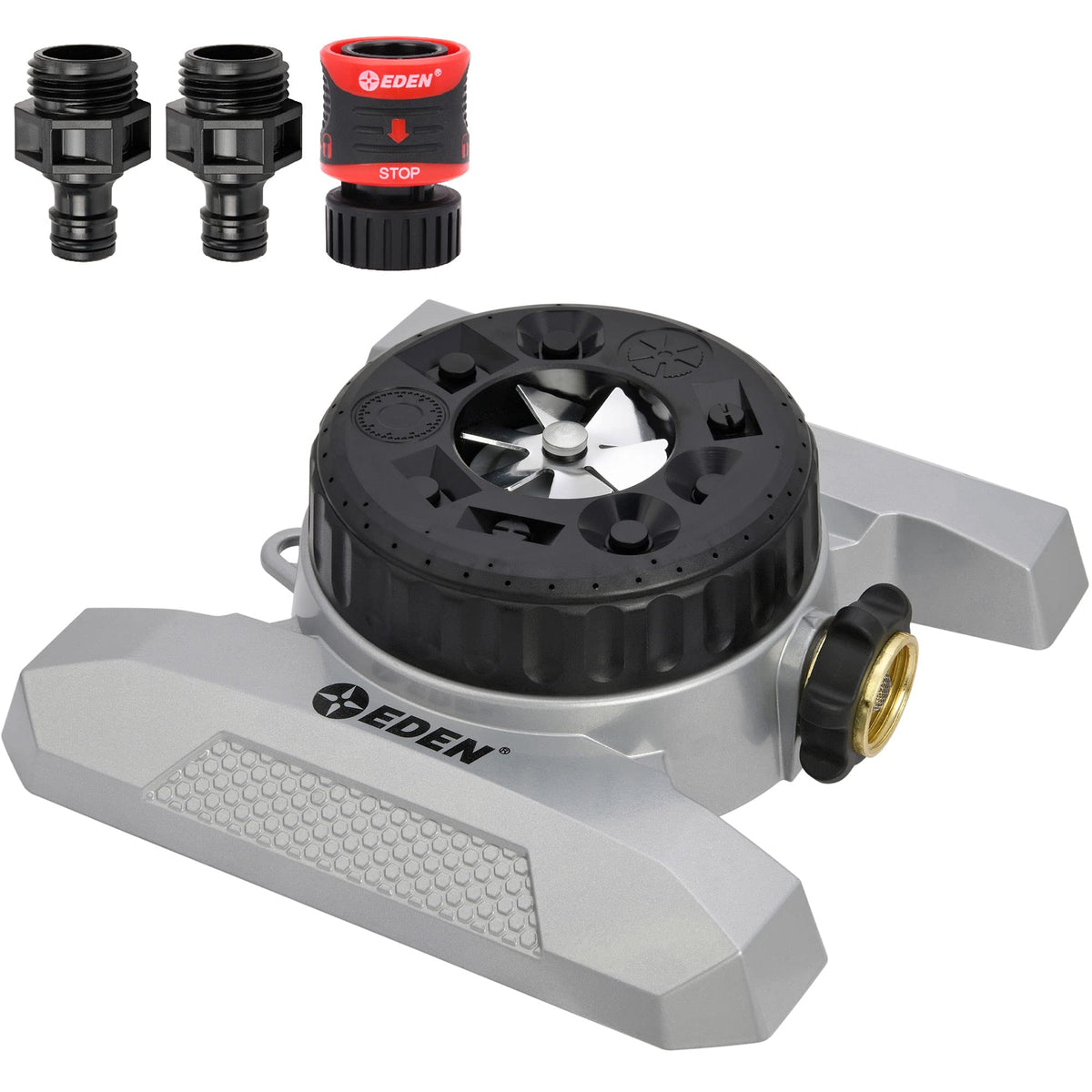 Eden 94128 9-Pattern Turret Lawn Sprinkler W/Quick Connect Starter Set, Heavy Duty Metal Base