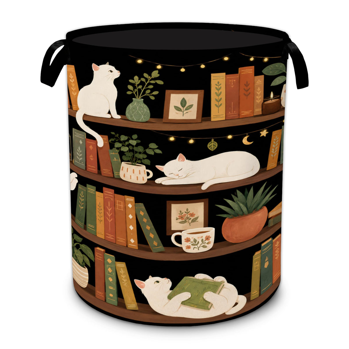 Cute Cats Laundry Basket,Retro Bookshelf Oxford Cloth Foldable Hamper with Handles, Portable Clothes Storage Bucket and Laundry 