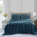 Homiest 4Pcs Satin Sheets Set Luxury Silky Satin Bedding Set With Deep Pocket, 1 Fitted Sheet + 1 Flat Sheet + 2 Pillowcases (Queen Size, Deep Sea Blue)