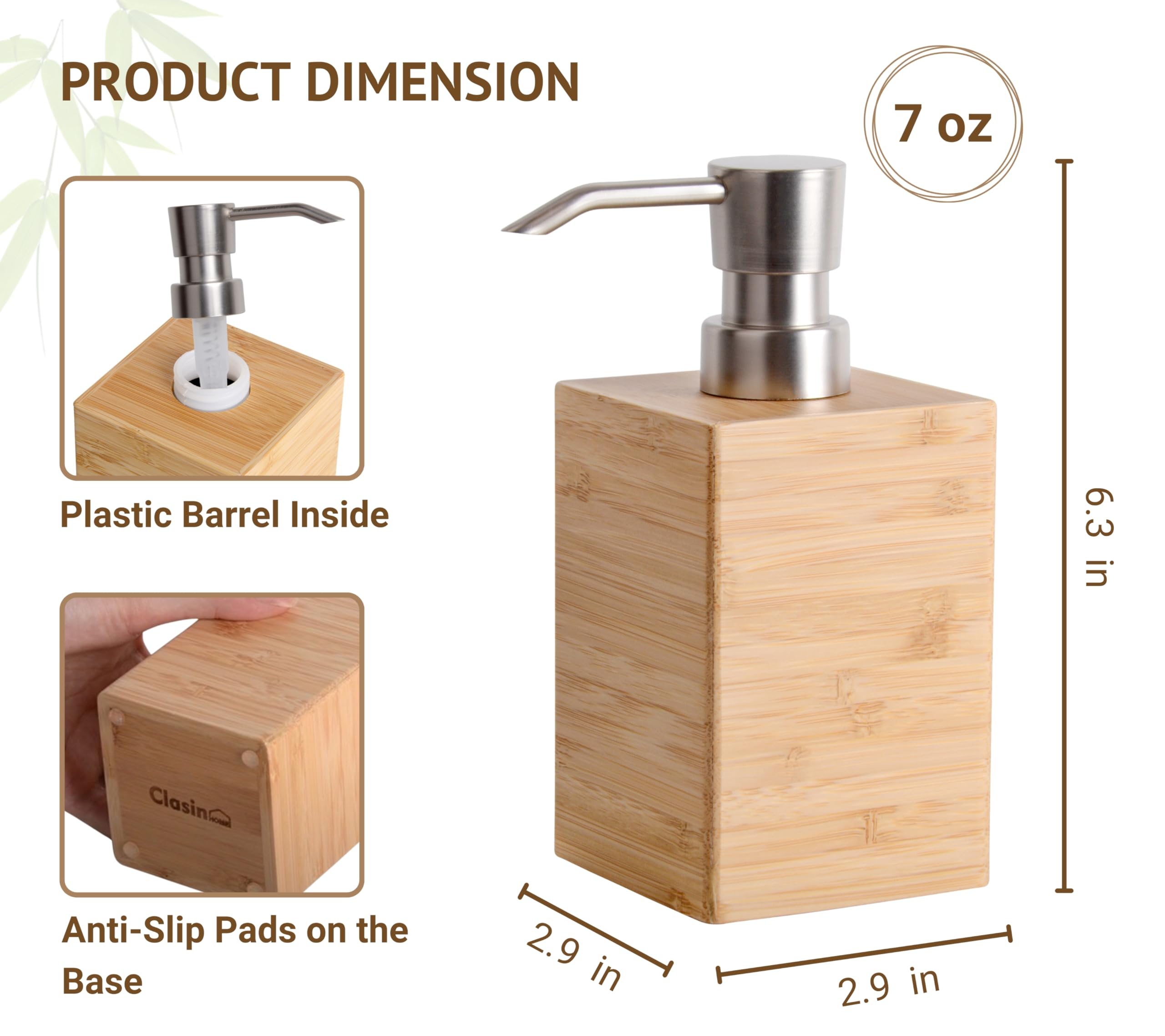 Clasin Home Bamboo Soap Dispenser, 7 Fl Oz Wooden Soap Dispenser, Elegant Square Design, Modern Indoor Kitchen Bathroom Countert