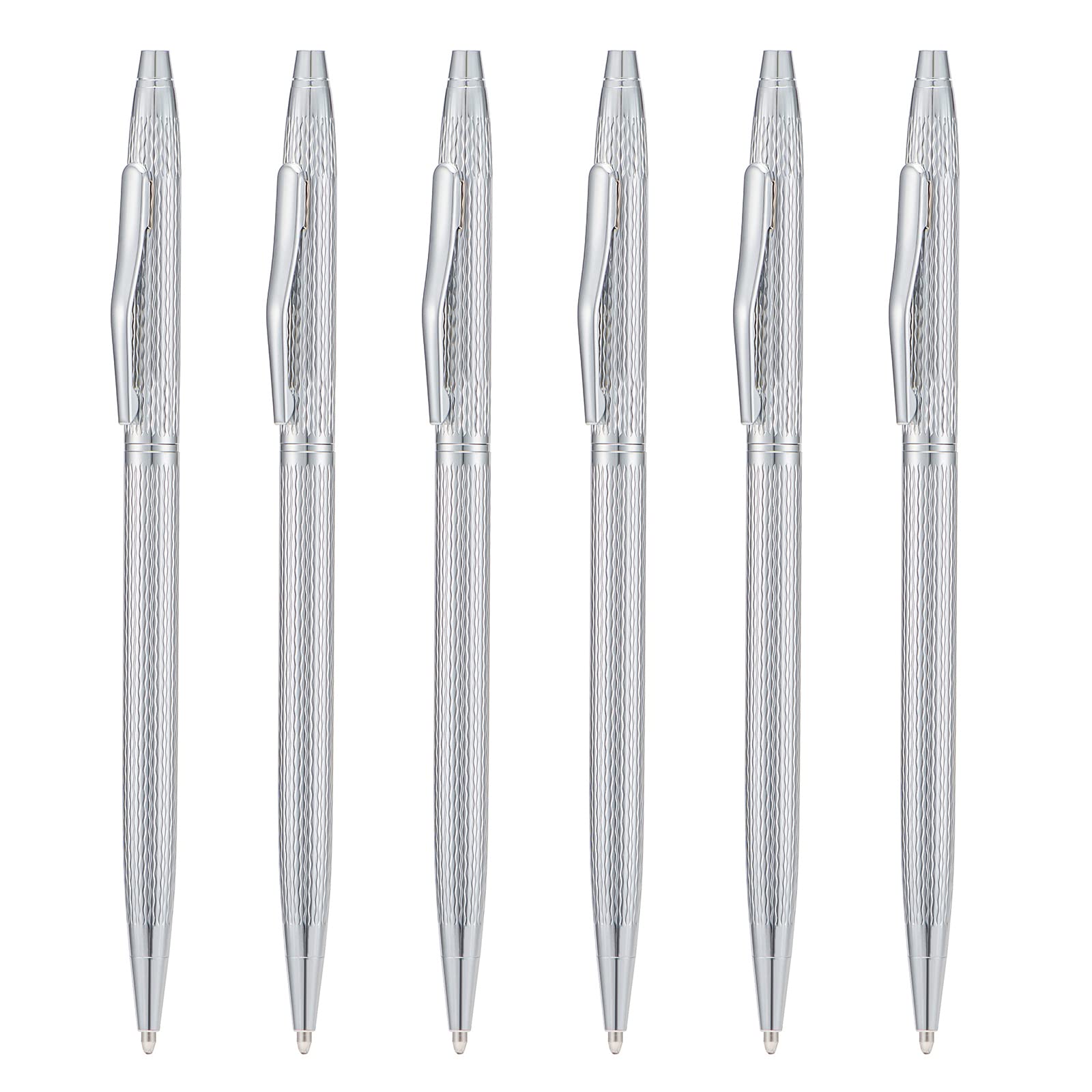 Wikult 6 Pack Silver Slim Metal Ballpoint Pen, 1Mm Medium Point Black Ink Smooth Writing, For Business Office Teacher Student We