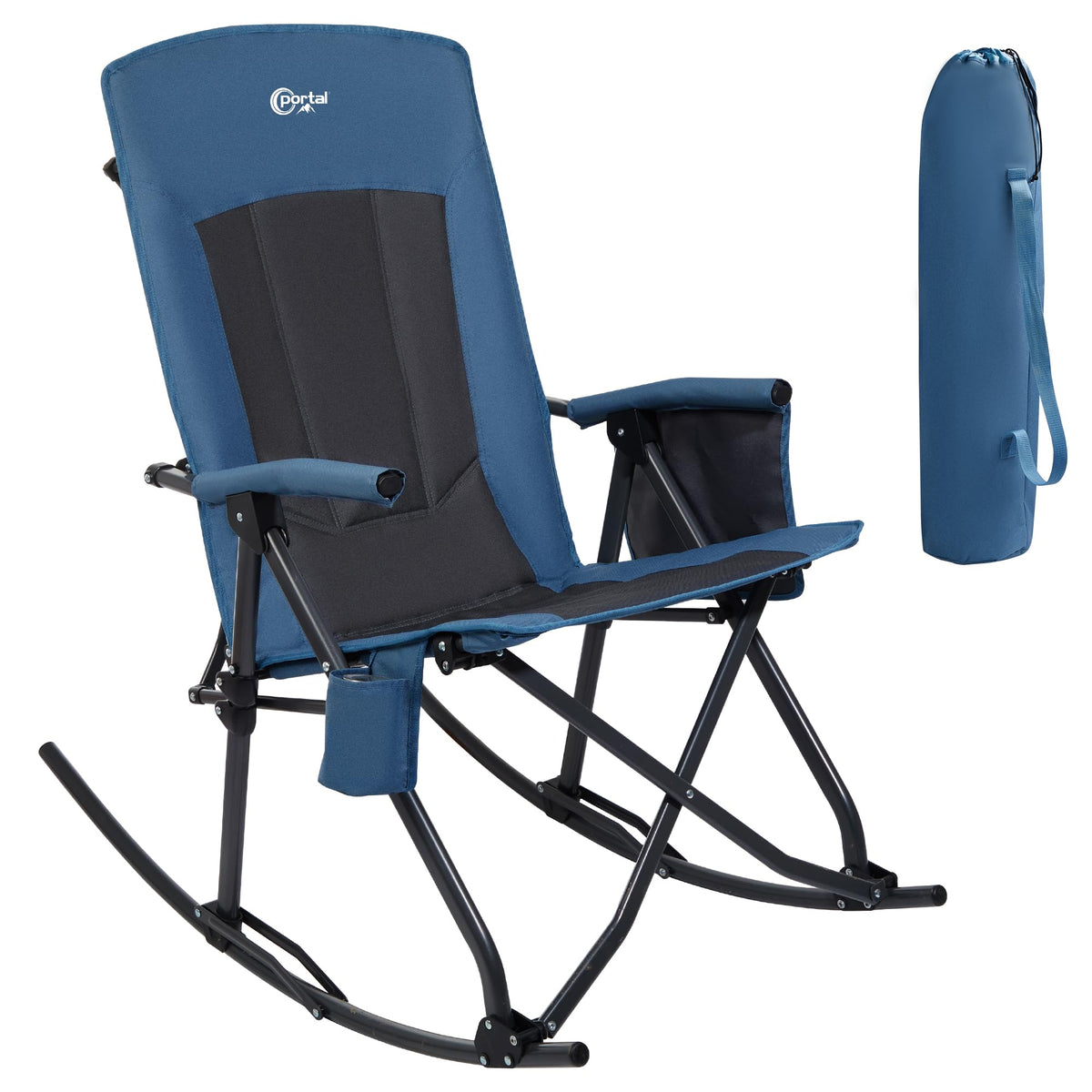Portal Oversized Folding Rocking Camping Chair Portable Outdoor Rocker With High Back Hard Armrests Carry Bag, Supports 400 Lbs, Padded Back, Blue Grey
