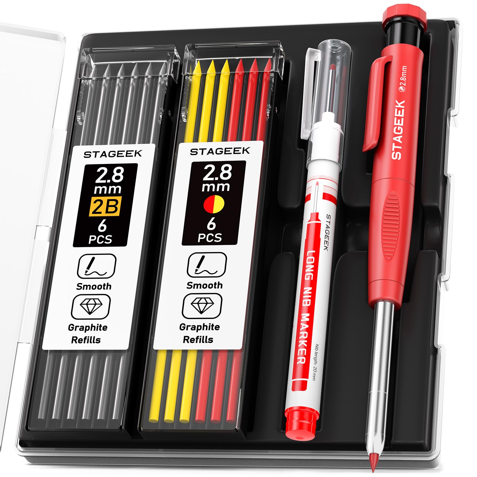 Stageek Carpenter Pencils Set With Sharpener, Heavy Duty Woodworking Tools With 13 Refills (Red, Black, Yellow), Construction Pe