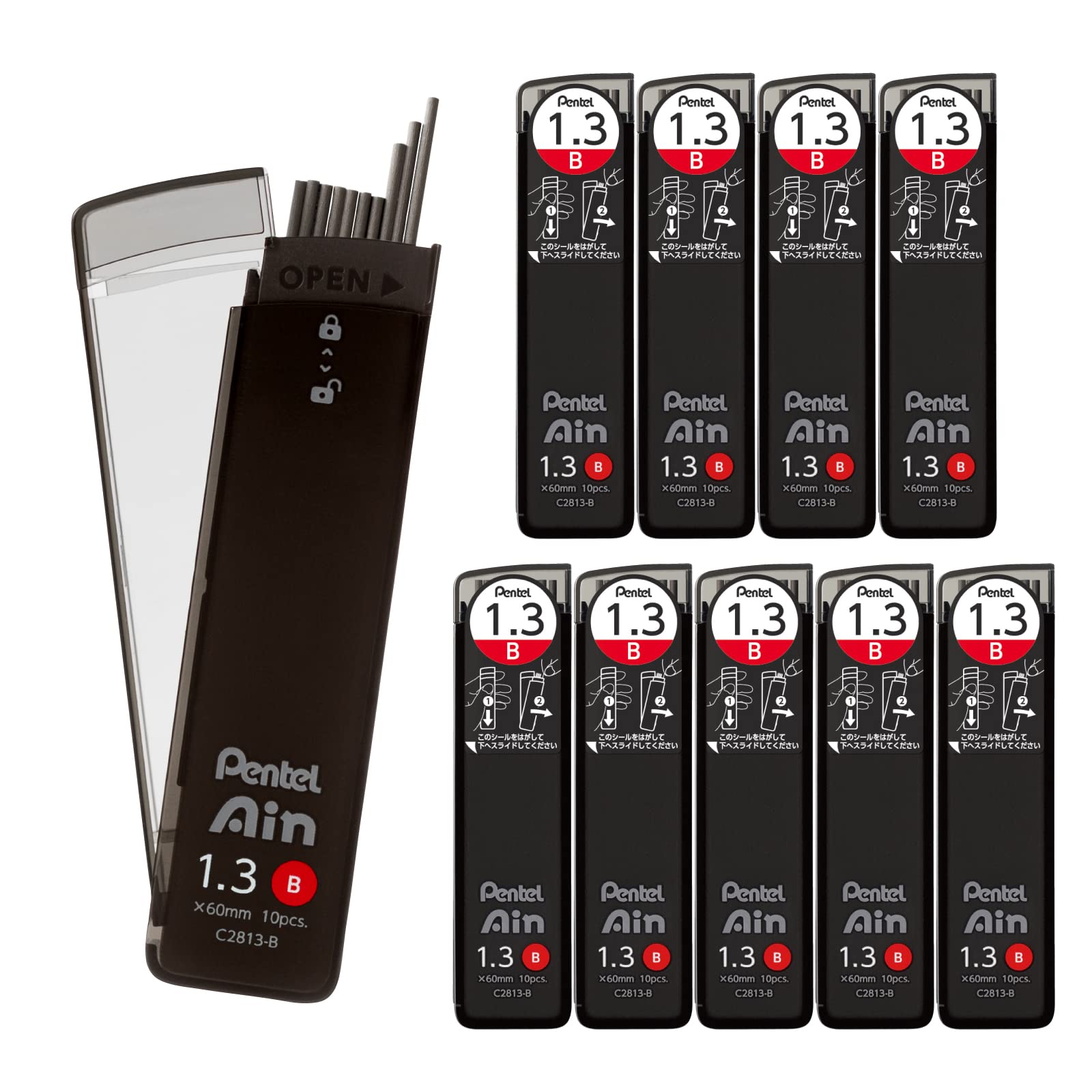 Pentel Ain Mechanical Lead C2813-B 0.05 Inch (1.3 Mm), B, 10 Pieces