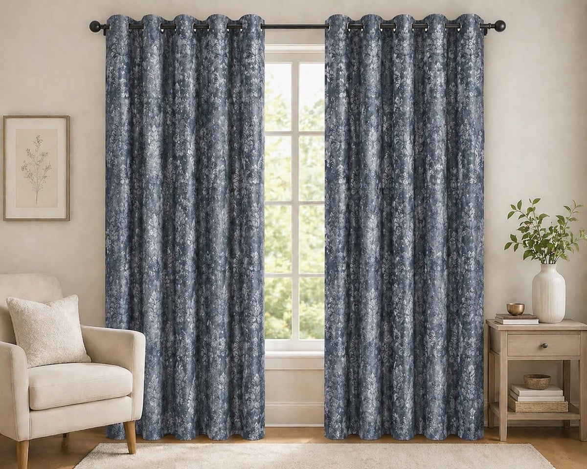 HUTI 7 feet Grey Door Curtain Set of 2 | SemiTransparent Leaf Printed Curtain | Soft Knitted Polyester | Eyelet Curtain for Liv