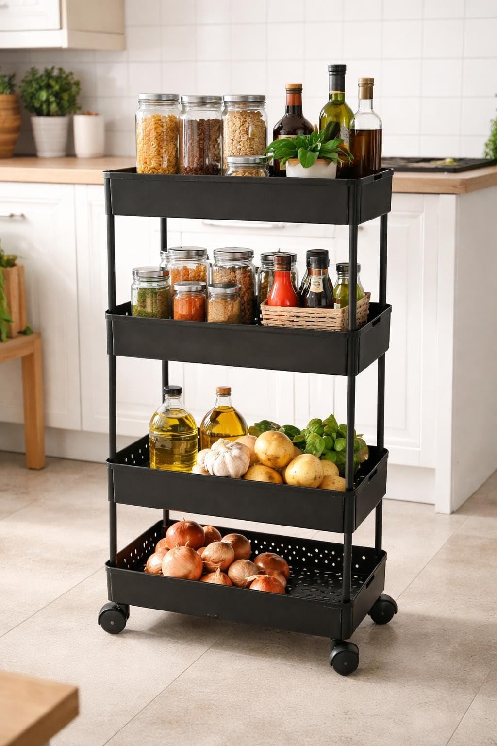 DillardS 4Tier Rolling Storage Cart, Black, Plastic, Modern Industrial Style, With Wheels, Kitchen Organiser For Pantry And Ve