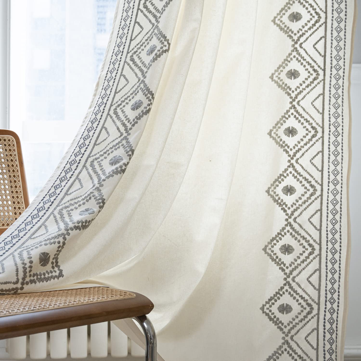 Colorbird Boho Curtains For Bedroom, 84 Inches Embroidered Gray Curtains 2 Panels Sets, Room Darkening Window Treatment Rod Pock