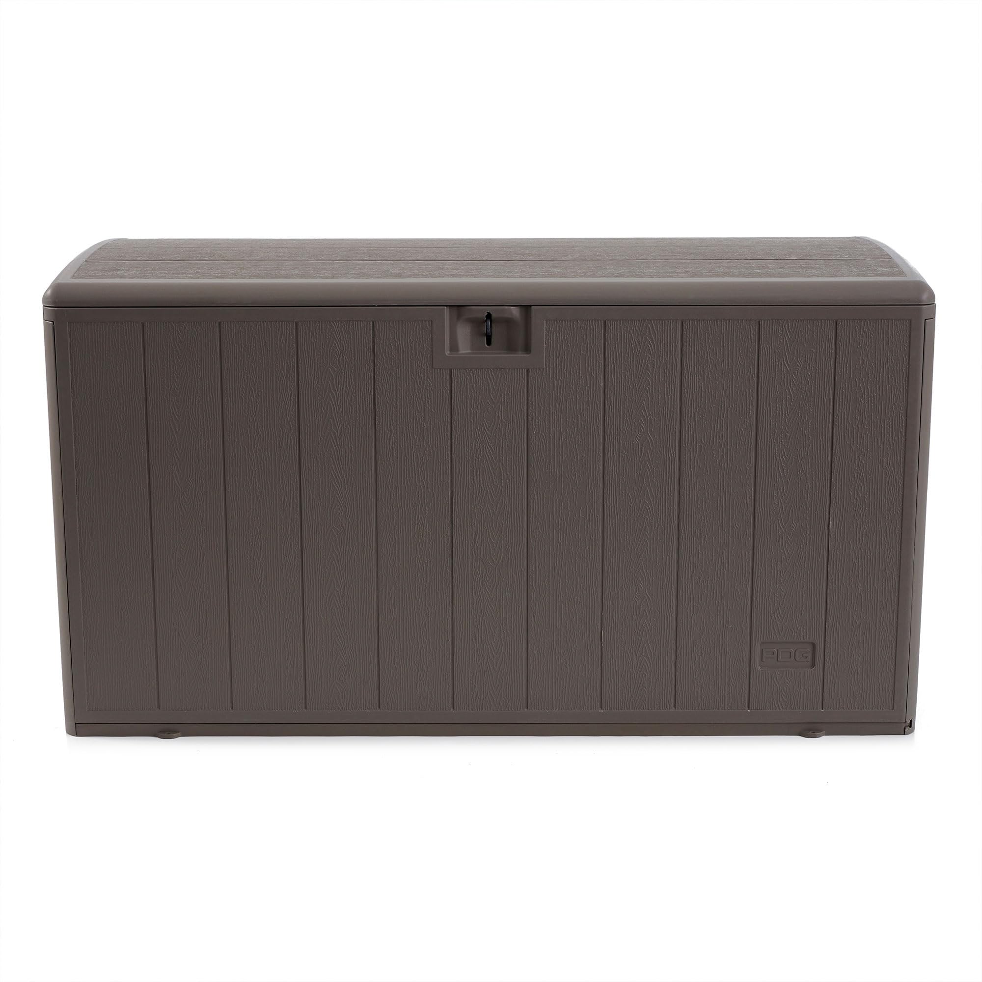 Plastic Development Group 105 Gallon Weatherproof Resin Outdoor Patio Storage Deck Box With Secure Lid Retainer Straps, Driftwoo