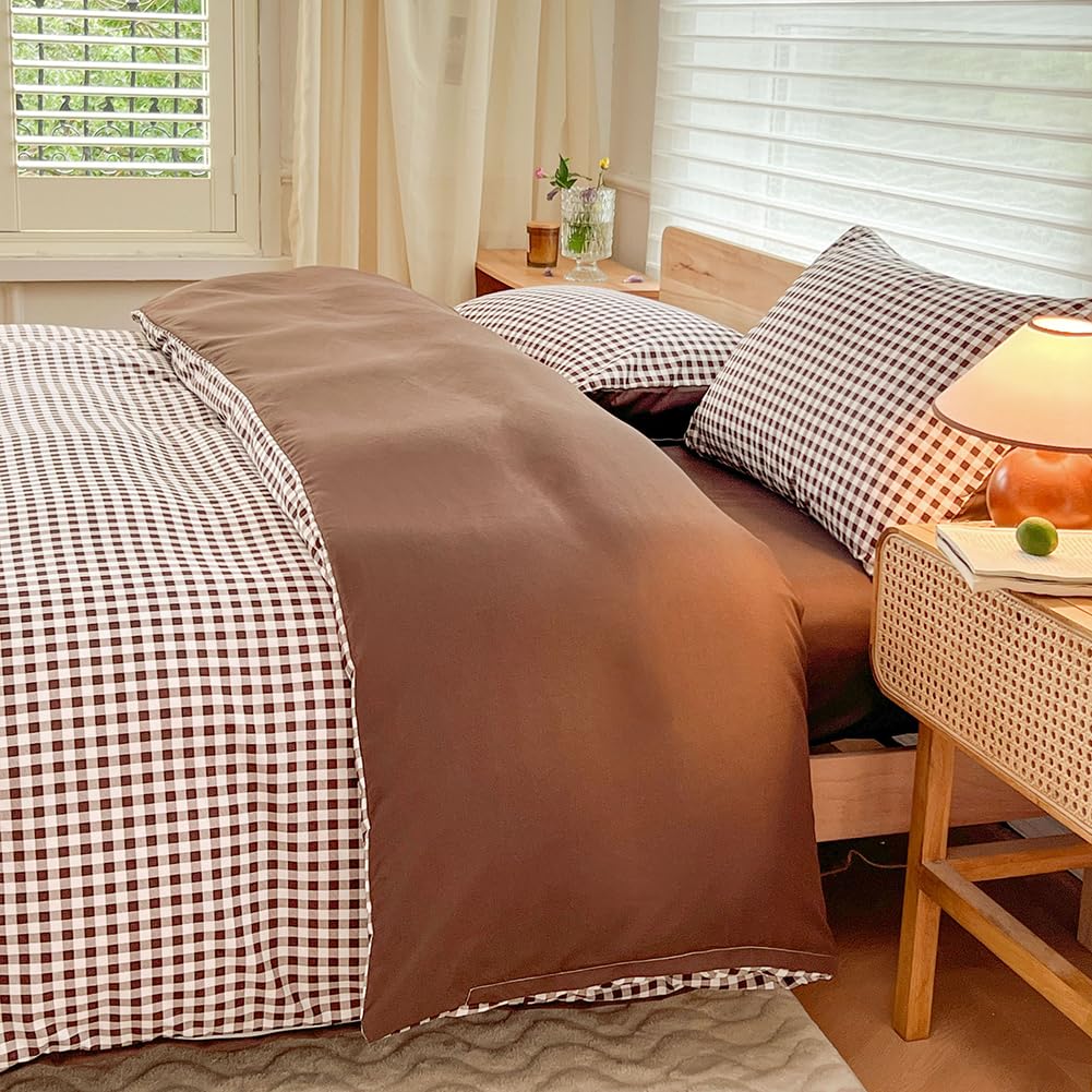 Nsnlgsgc Mocha Gingham Duvet Cover Set Twin, Dark Tan Grid Simple Geometric Square Pattern Comforter Cover,Soft Plaid Washed Mic