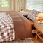 Nsnlgsgc Mocha Gingham Duvet Cover Set Twin, Dark Tan Grid Simple Geometric Square Pattern Comforter Cover,Soft Plaid Washed Mic