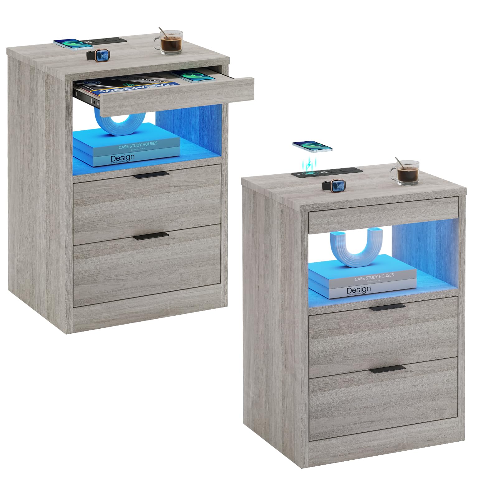 Adorneve Led Nightstands Set Of 2, Grey Nightstand With Wireless Charging Station 2 Drawers, Modern Bedroom End Side Table With Led Lights, Wooden Sofa Bedside Table With Pull-Out Shelf