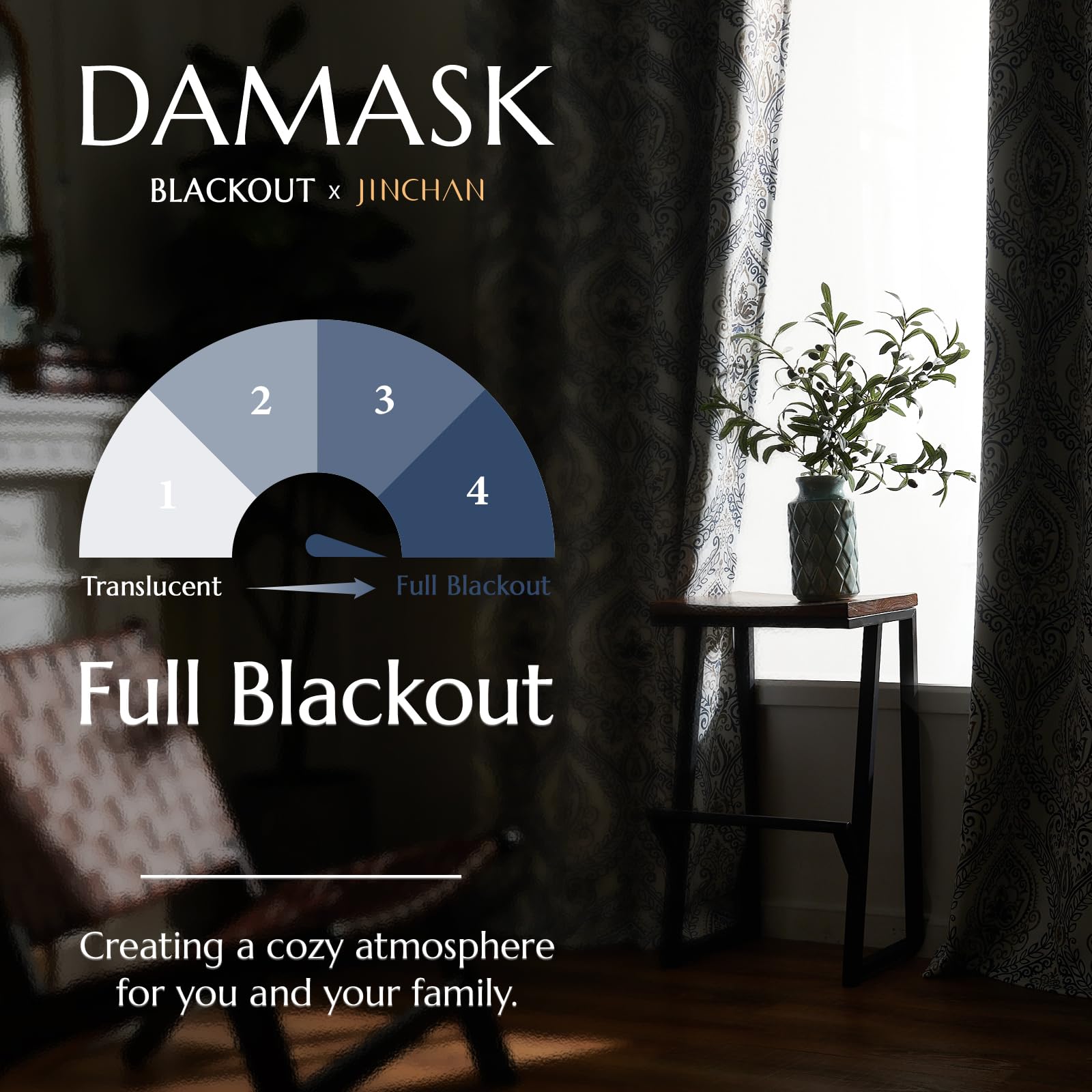 Jinchan 100% Blackout Curtains 90 Inch Length 2 Panels Blue Damask Medallion Window Curtains For Bedroom Grommet Thermal Insulated Drapes For Living Room Vintage Luxury Window Treatments Set