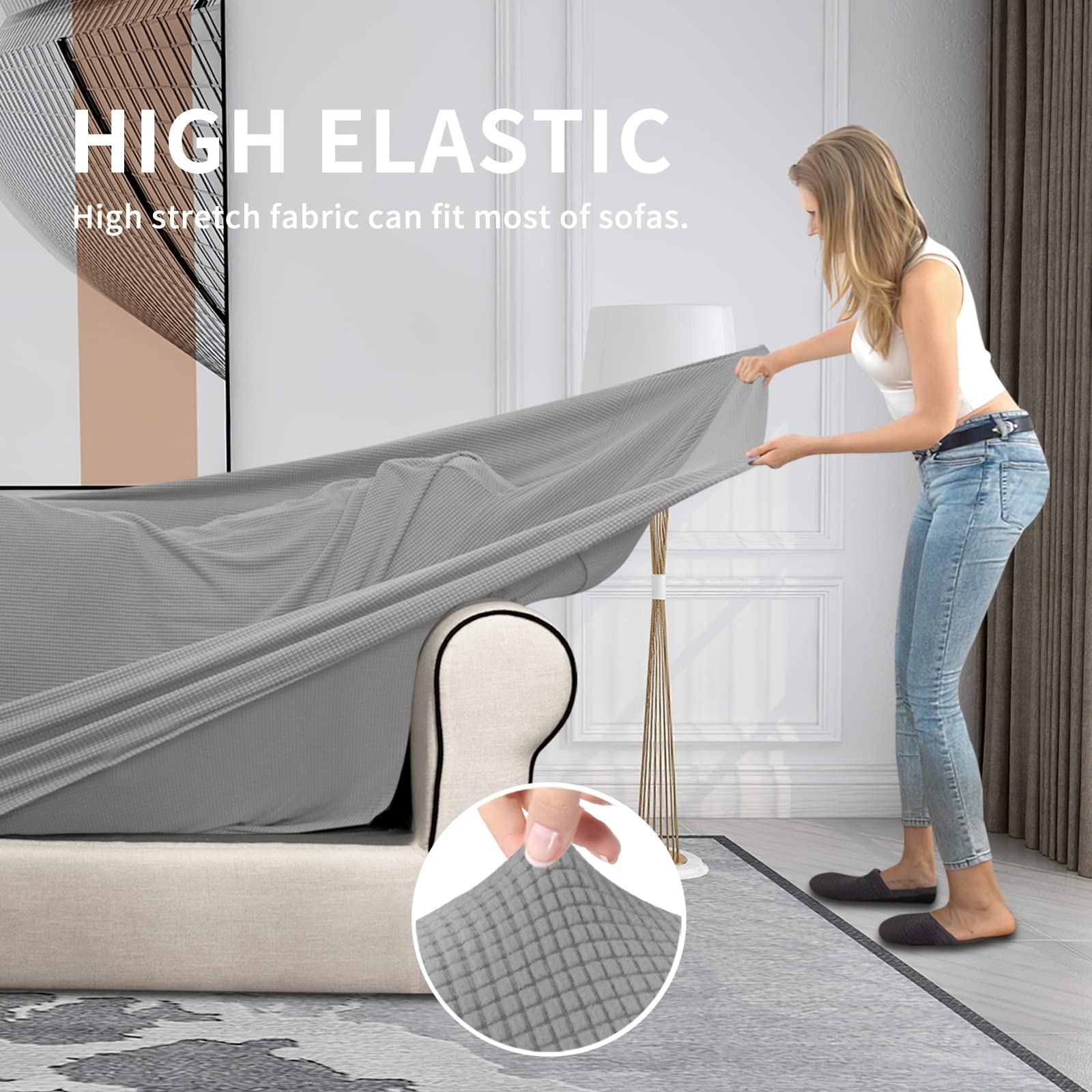 Easy-Going 3 Pieces Stretch Oversized Loveseat Couch Cover For 2 Cushion Couch Sofa Cover For Dogs Washable Sofa Slipcover Elastic Furniture Protector For Pets (Light Gray, Oversized Loveseat)