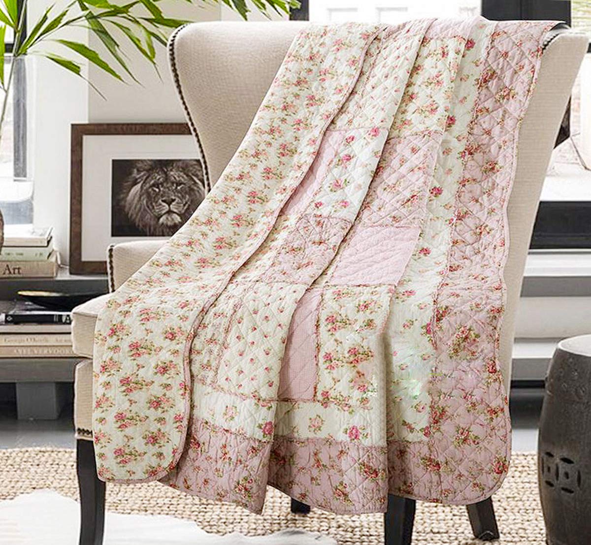 Cozyholy Original 100% Cotton Patchwork Quilt Twin Size Pink Floral Bedspread Coverlet Reversible Vintage Shabby Chic Quilted Th