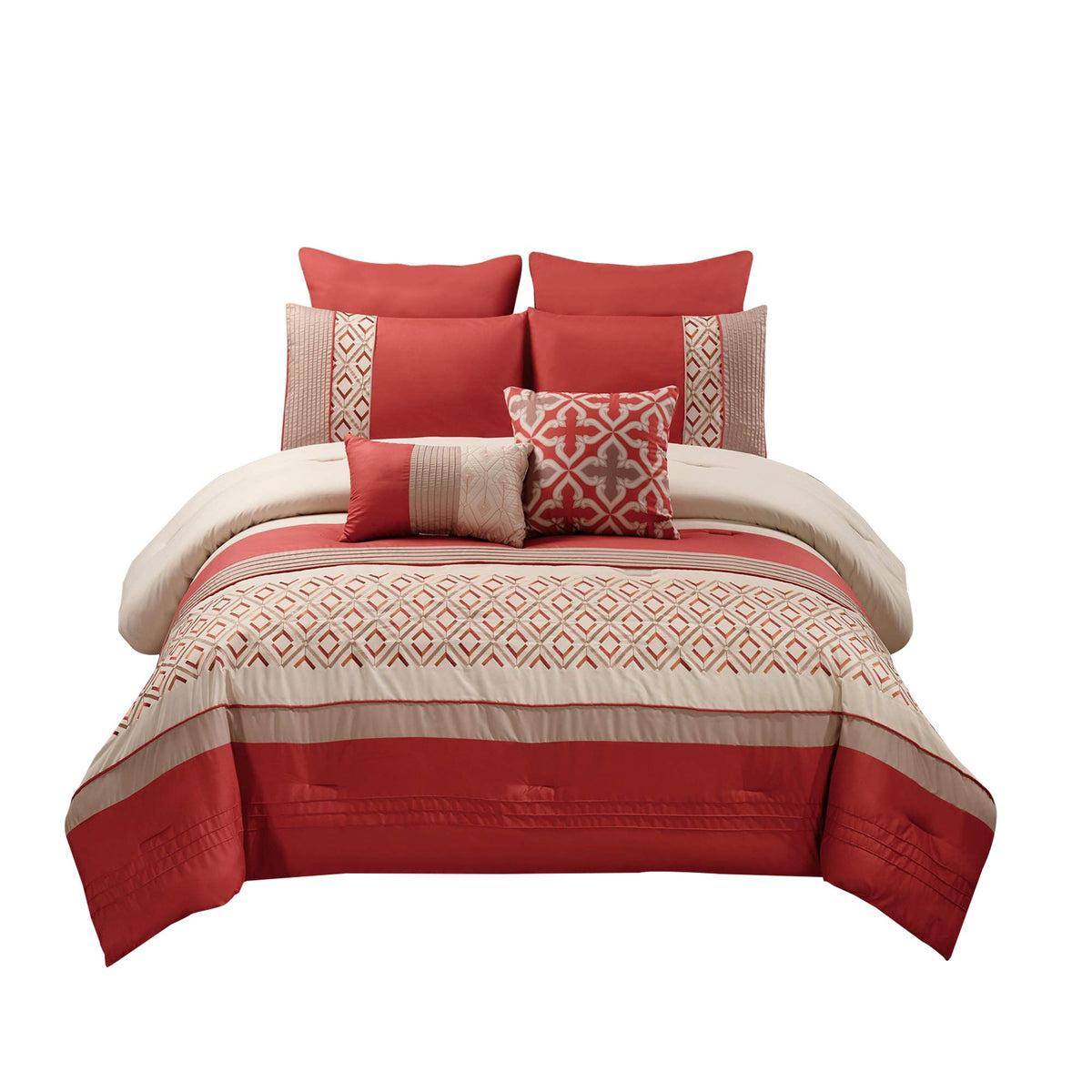 Benjara 8 Piece King Polyester Comforter Set With Geometric Embroidery, Orange