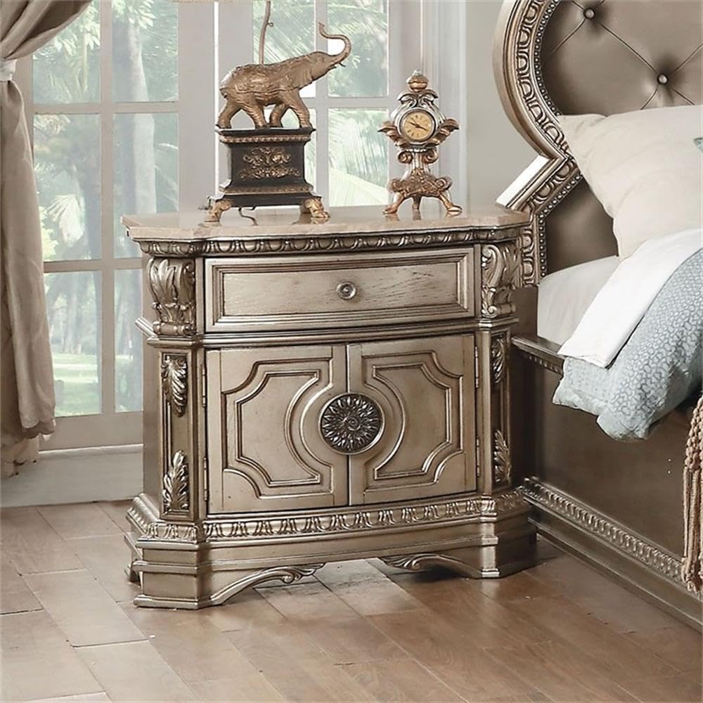 Acme Northville 1 Drawer Wooden Marble Top Nightstand in Antique Silver