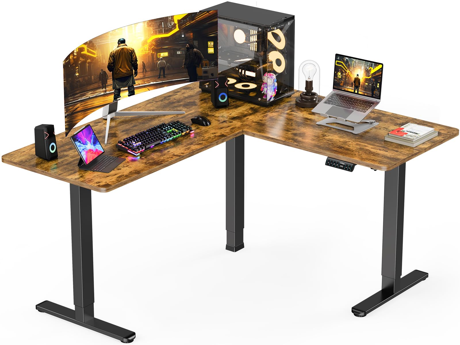 Ergear 63' X 55' Dual Motor L Shaped Standing Desk, Electric Height Adjustable, Extra Large Desktop, Interchangeable Installation Of Left And Right Desktops, Suitable For Home Office, Vintage Brown