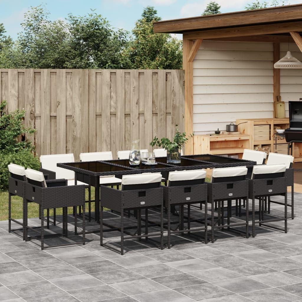 vidaXL 13-Piece Patio Dining Set with Cushions and Tempered Glass Table, PE Poly Rattan Furniture, Black and Cream, Space-Saving for Garden, Backyard, Outdoor Al Fresco Dining
