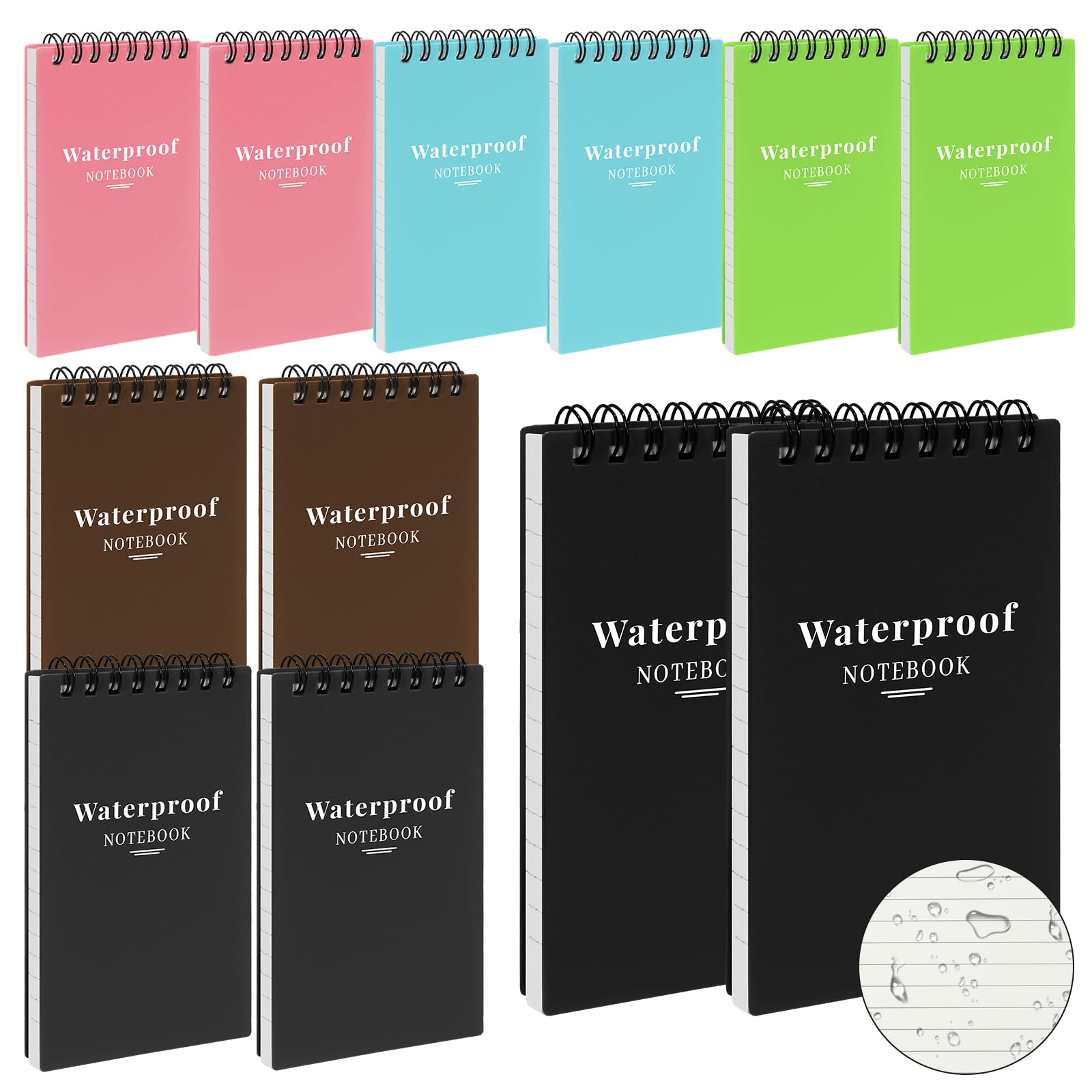 Wavamawa 12 Pack Waterproof Pocket Notebooks, 3X5 Small Notepads, Mini Top Spiral Notebook, Lined College Ruled Paper, Tiny Memo