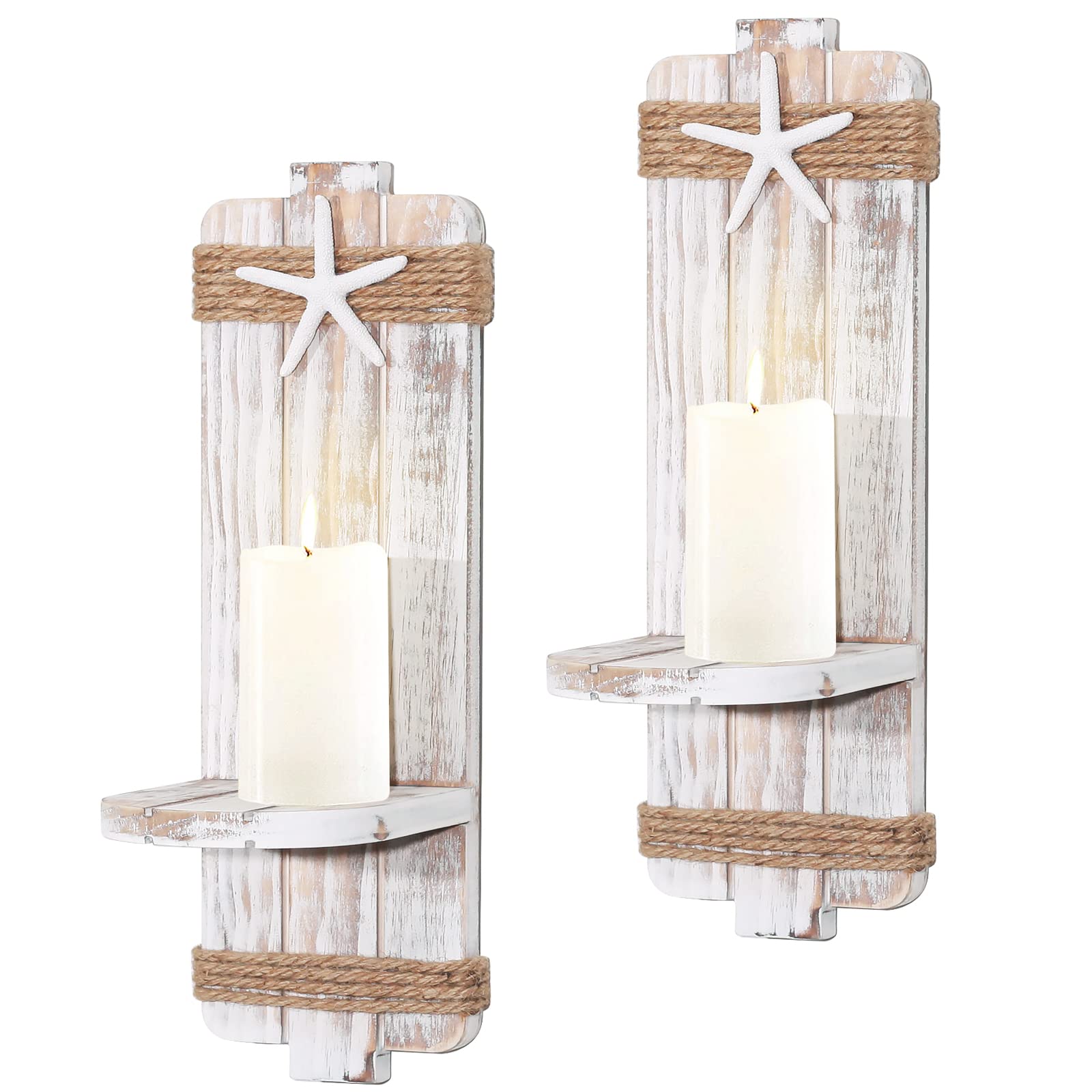 Disdressed Starfish Wall Candle Sconces (Set of 2) - Beach Decor, Ocean Themed Wall-Mount Candleholders, Nautical Style Beach Ba