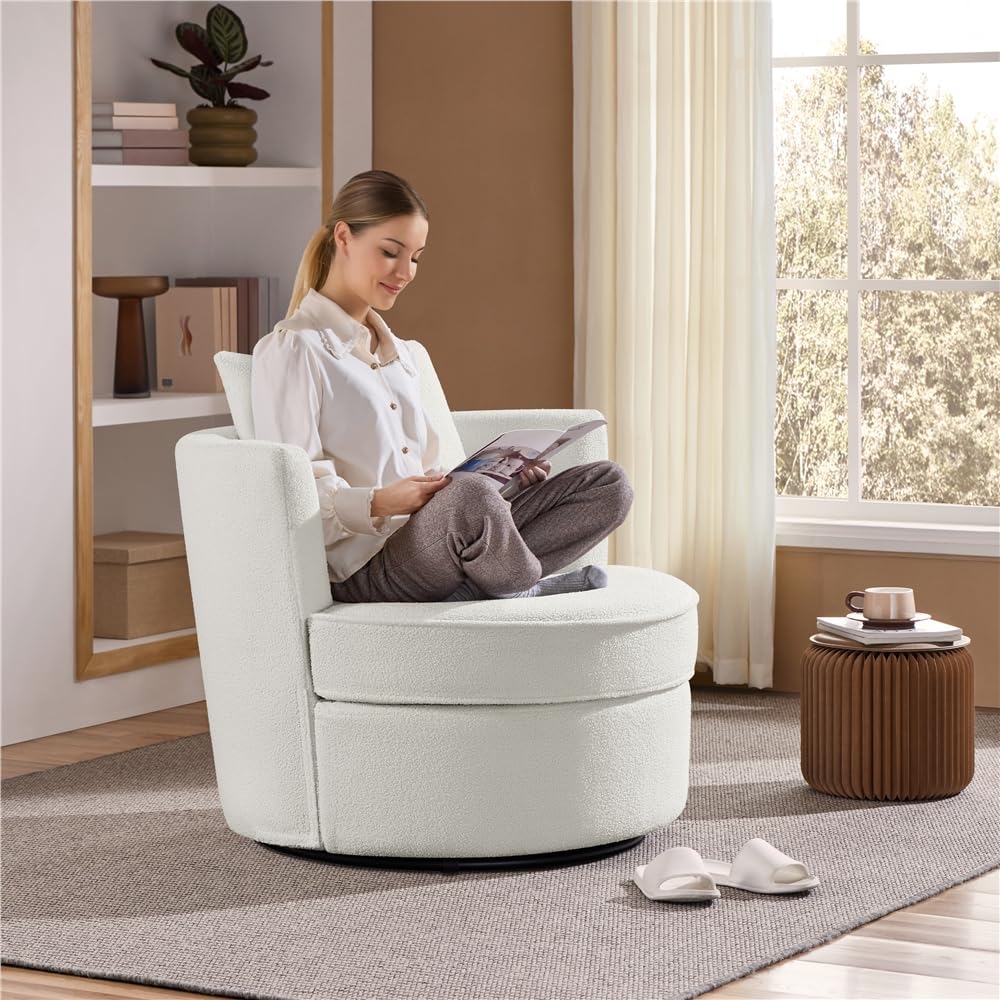 Yaheetech Swivel Accent Chair, 34.5? W Soft Boucle Swivel Barrel Chair, 360? Modern Upholstered Round Armchair with Pillow, Tedd