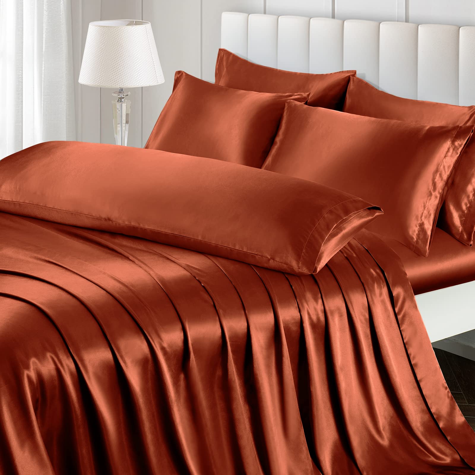 Ersmak 7 Pieces Satin Sheets Set Queen Size, Luxury Silky Rust Orange Satin Bed Sheets Set With 1 Deep Pocket Fitted Sheet, 1 So